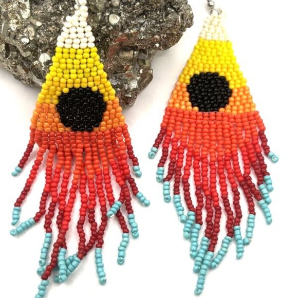 Native American-Inspired Vibrant Sunset Gradient Hand Beaded Tassel Earrings New - Picture 1 of 5